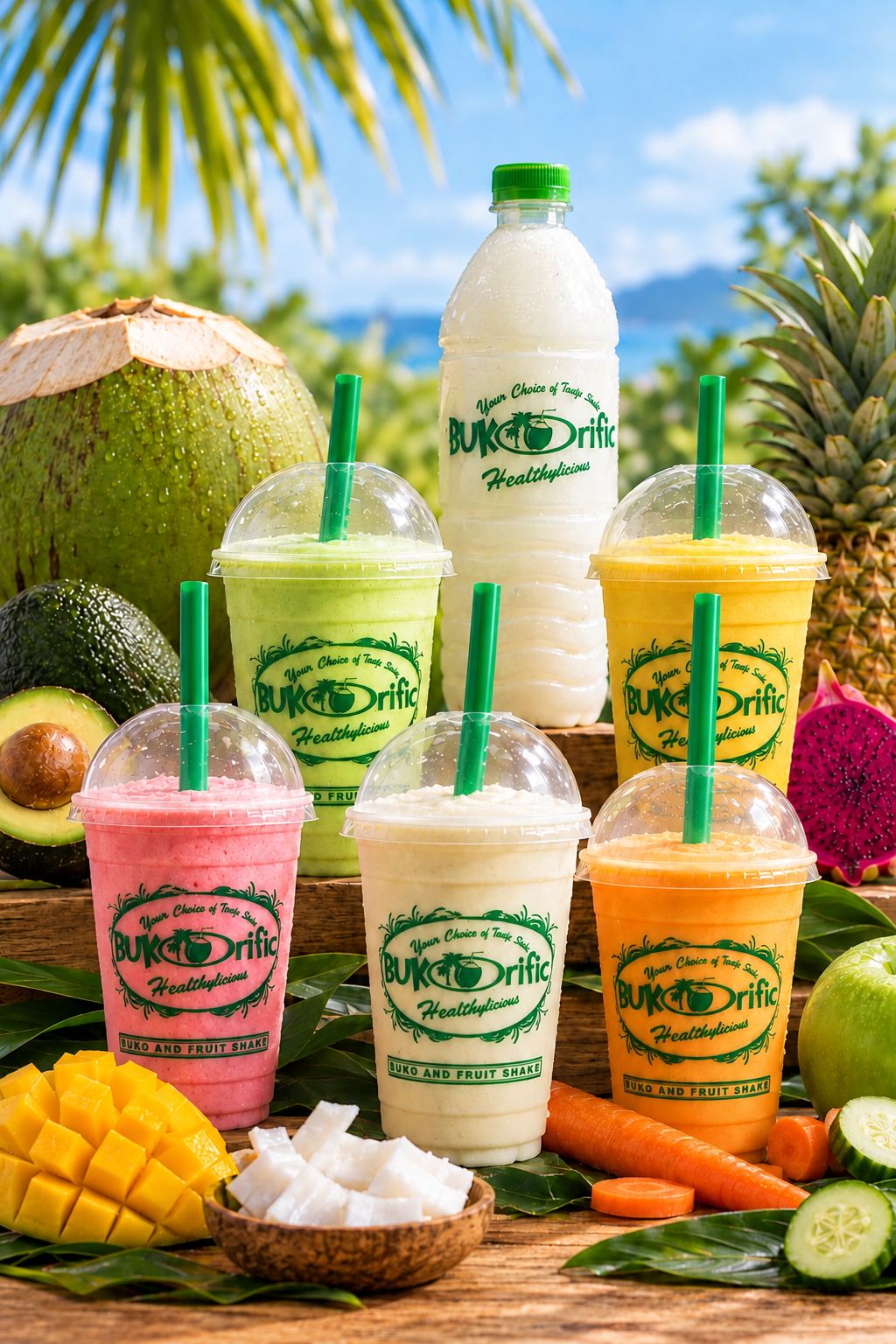 Bukorific shakes surrounded by fresh fruit in the original product photo