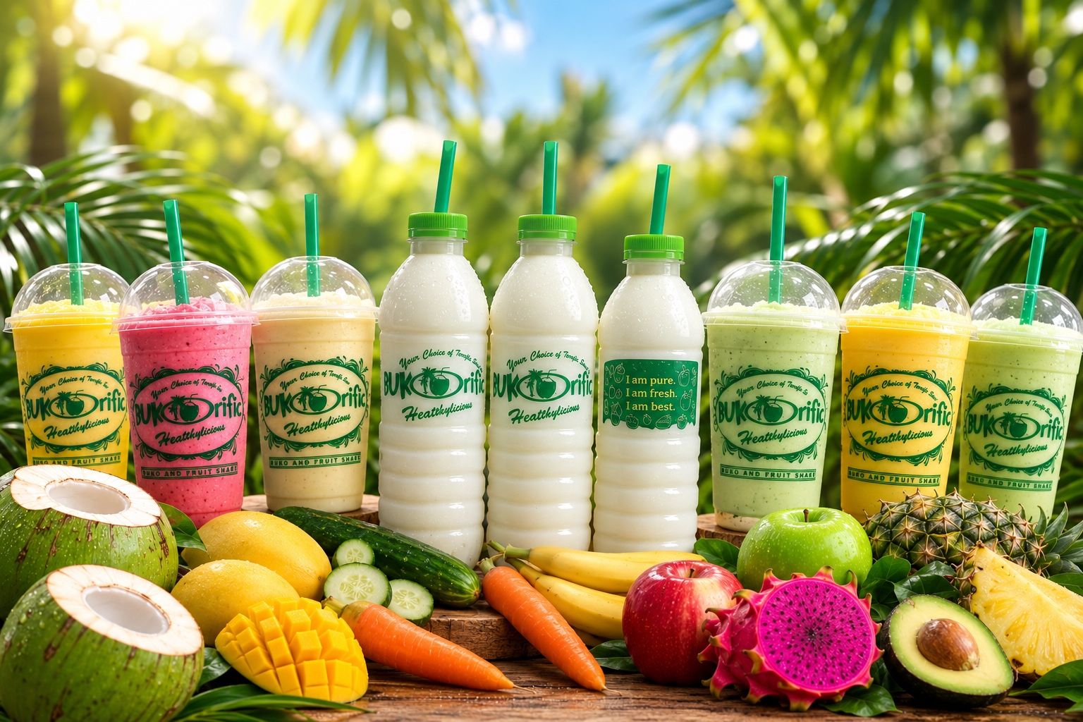 Bukorific product lineup with shakes, bottled buko drinks and fresh fruits