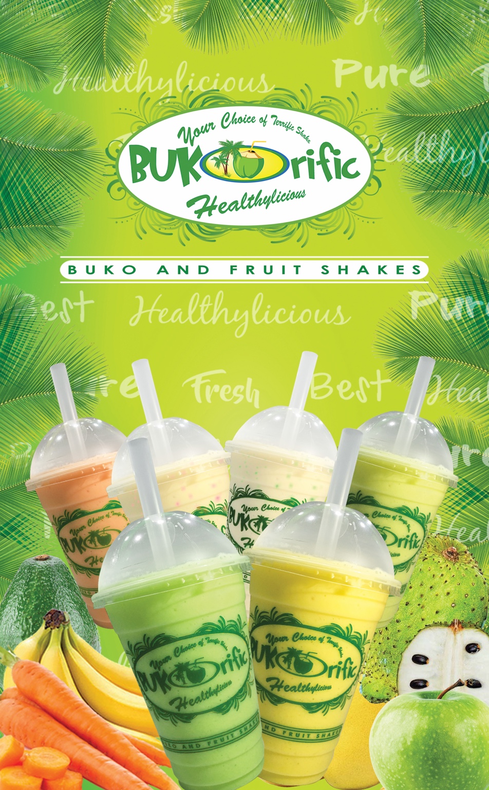 Bukorific shakes surrounded by fruit in the original portrait product photograph